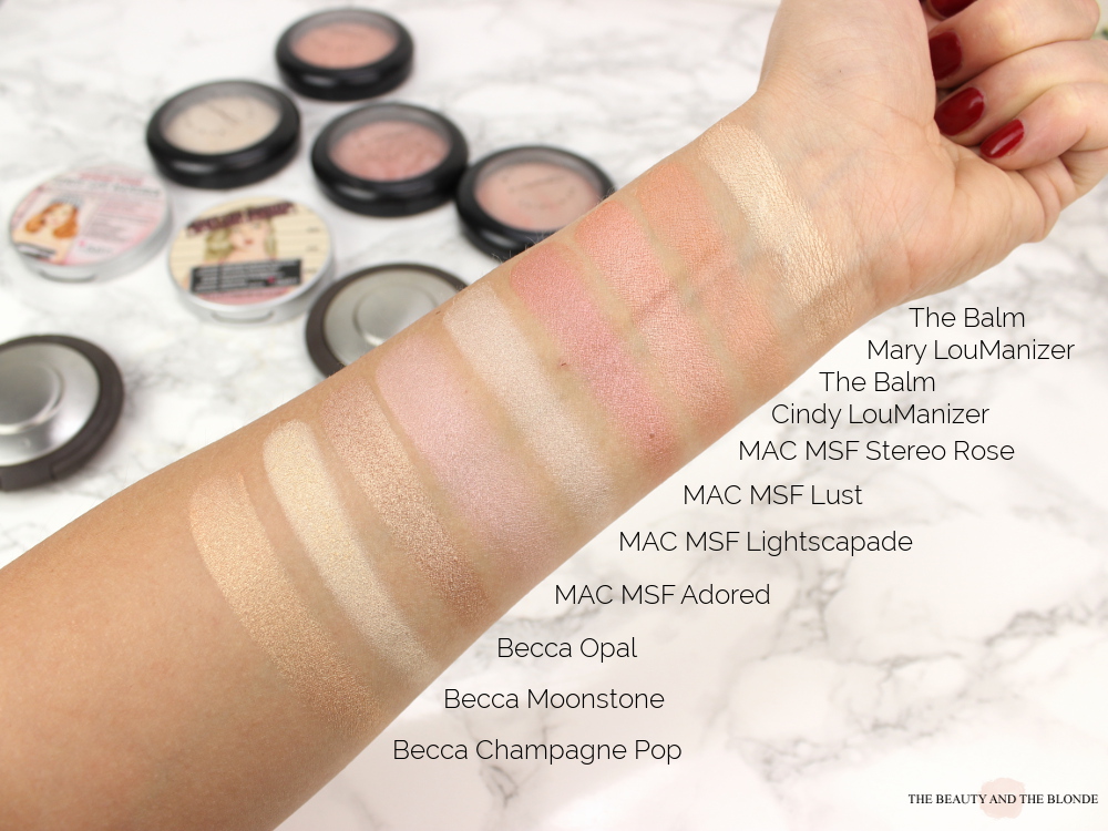Makeup Collection Highlighter High End Swatches Becca MAC MSF The Balm Mary Loumanizer